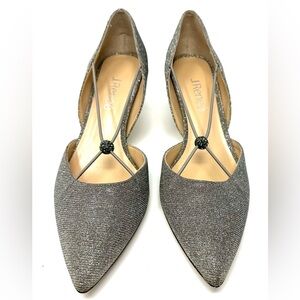 J.Renee Silver Glitter Pointed T-Strap Flats with Gem Accent